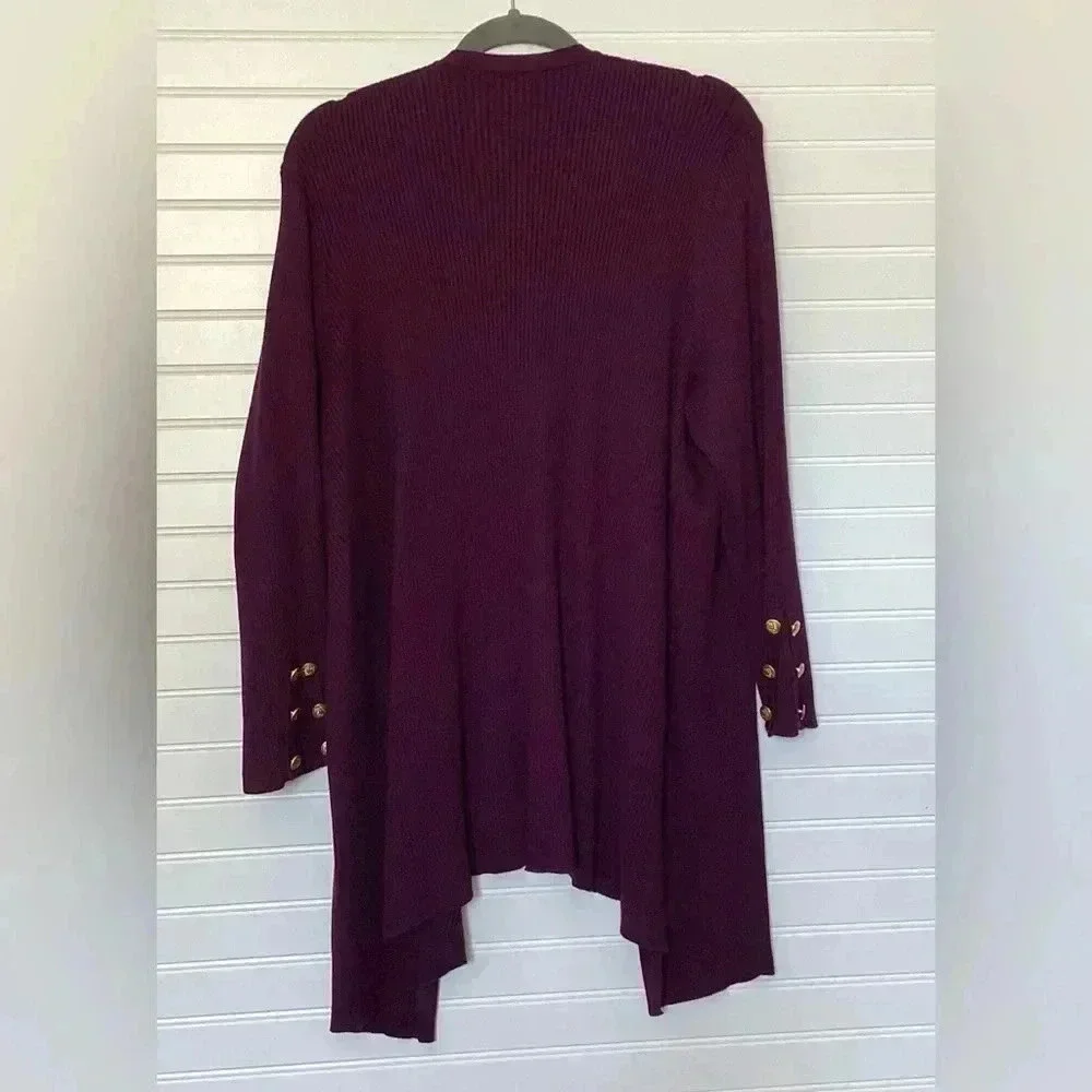 Roz&Ali Womens 3X Plum Purple Open Lon Sleeve Cardigan Ribbed knit Golden Button